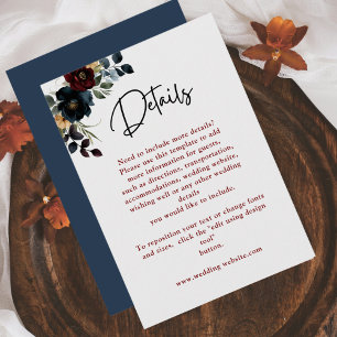 Carte D'accompagnement Détails de mariage fleurs bleu marine bordeaux élé