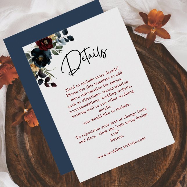 Carte D'accompagnement Détails de mariage fleurs bleu marine bordeaux élé (Créateur téléchargé)
