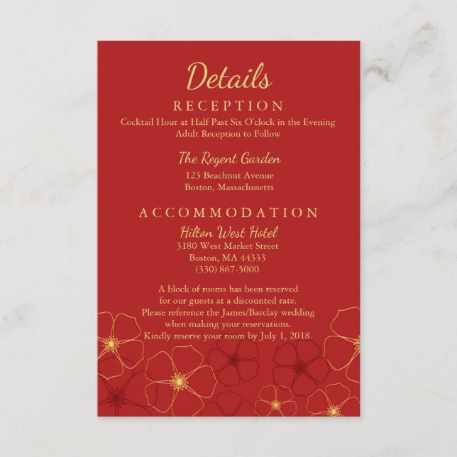 Carte D'accompagnement Détails de Mariage Fleurs de Cerisier Or Rouge (Devant)