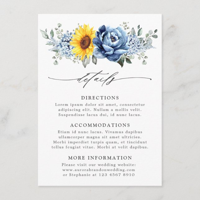 Carte D'accompagnement Détails de mariage floral ardoise bleu poussiéreux (Devant)