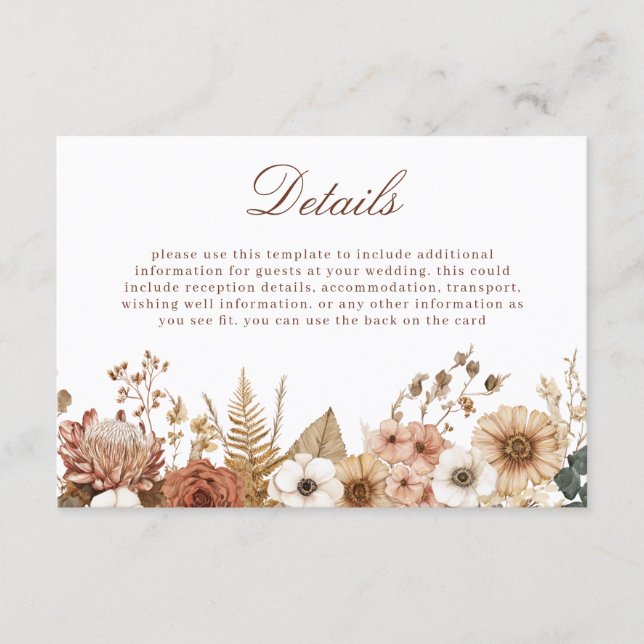 Carte D'accompagnement Détails de mariage floral boho (Devant)