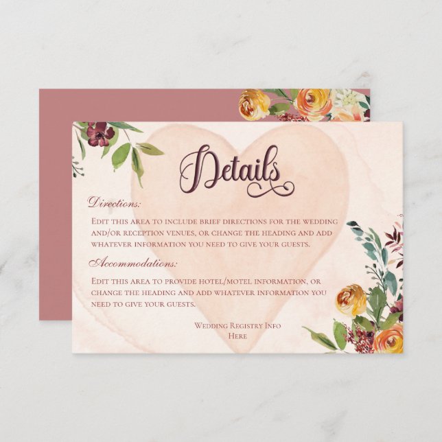 Carte D'accompagnement Détails de mariage Floral Boho Peach (Devant / Derrière)