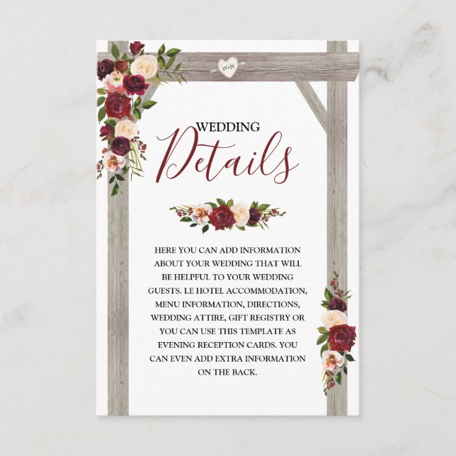Carte D'accompagnement Détails de mariage floral burgundy rustique (Devant)