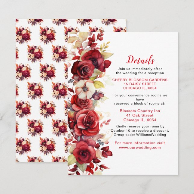 Carte D'accompagnement Détails de mariage floral de roses rouges romantiq (Devant / Derrière)