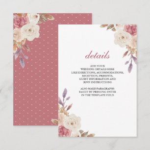 Carte D'accompagnement Détails de mariage floral ivoire rose poussiéreuse
