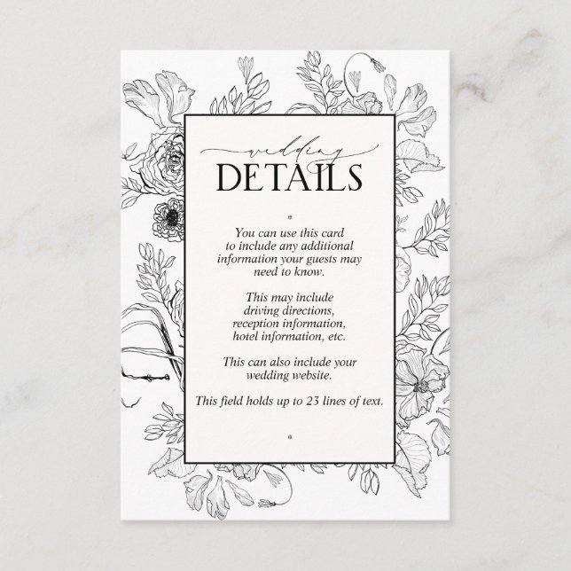 Carte D'accompagnement Détails de mariage floral noir et blanc élégant (Devant)