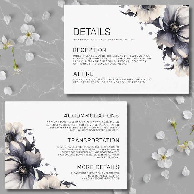Carte D'accompagnement Détails de mariage floral noir et blanc élégant (Modern Boho Floral Black White Wedding Details Enclosure Card)