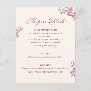 Carte D'accompagnement Détails de mariage floral rose bordeaux vintage