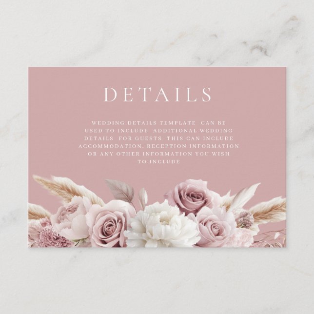 Carte D'accompagnement Détails de mariage floral rose poussiéreux et blus (Devant)
