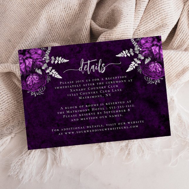 Carte D'accompagnement Détails de mariage Floral Script Argent Violet Pru (Créateur téléchargé)