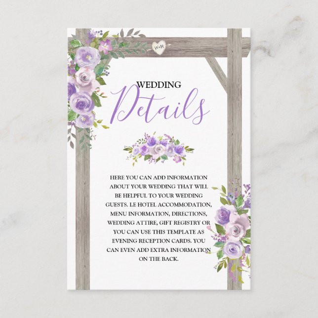 Carte D'accompagnement Détails de mariage floral violet rustique (Devant)