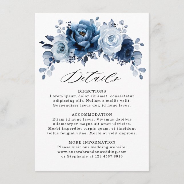 Carte D'accompagnement Détails de mariage floraux en bleu poussiéreux et  (Devant)