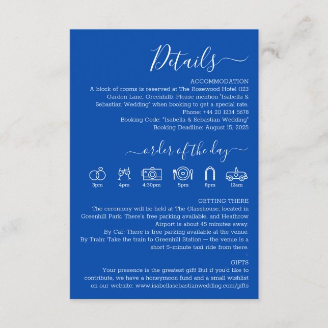 Carte D'accompagnement Détails de mariage formel bleu cobalt (Devant)