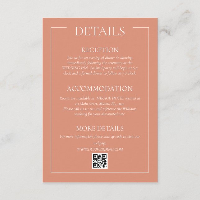 Carte D'accompagnement Détails de mariage formel en terre cuite pastel (Devant)
