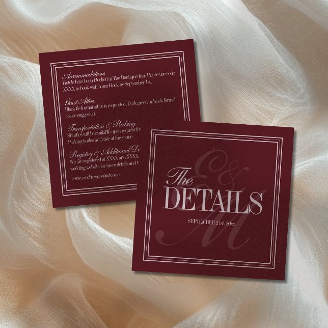 Carte D'accompagnement Détails de mariage formel rouge bordeaux écriture  (Announce your upcoming wedding to guests with this Elegant Script Burgundy Red Formal Wedding Card!)