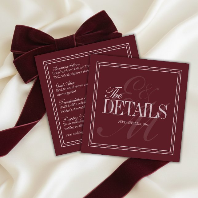 Carte D'accompagnement Détails de mariage formel rouge bordeaux écriture  (Elegant Script Burgundy Red Formal Wedding Details Enclosure Card)
