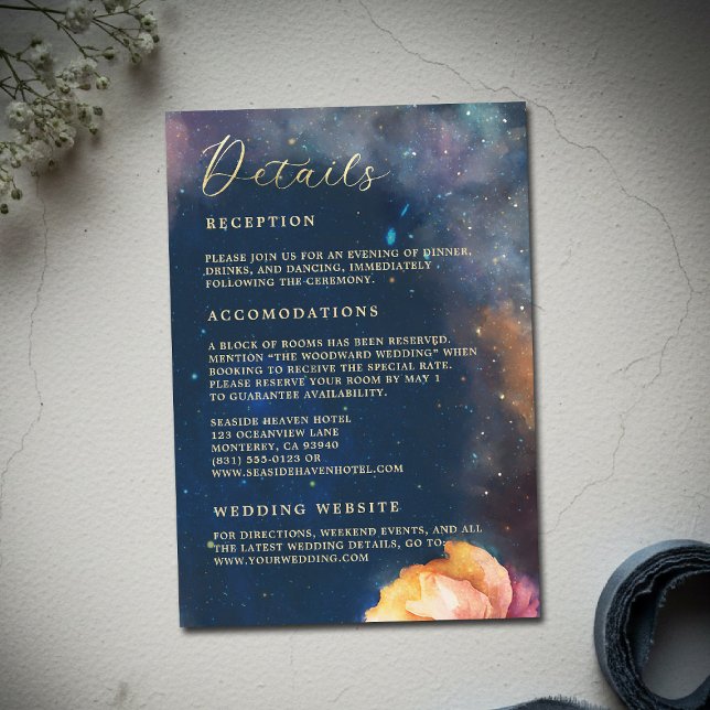 Carte D'accompagnement Détails de mariage Galaxie Florale Céleste Bleu Ma (celestial floral galaxy wedding details watercolor navy blue peach pink blush elegant romantic)