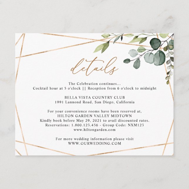 Carte D'accompagnement Détails de mariage géométriques dorés à feuillage  (Devant)