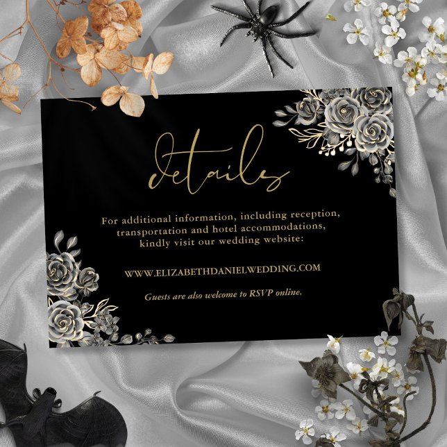 Carte D'accompagnement Détails de mariage gothique avec des roses florale (Black And Gold Floral Roses Gothic Wedding Details Enclosure Card)