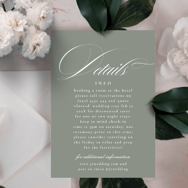 Carte D'accompagnement Détails de mariage gris vert calligraphie classiqu (Créateur téléchargé)