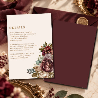 Carte D'accompagnement Détails de mariage hivernal en ivoire burgundy ros