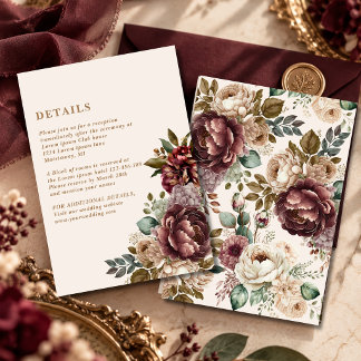 Carte D'accompagnement Détails de mariage hivernal en ivoire burgundy ros