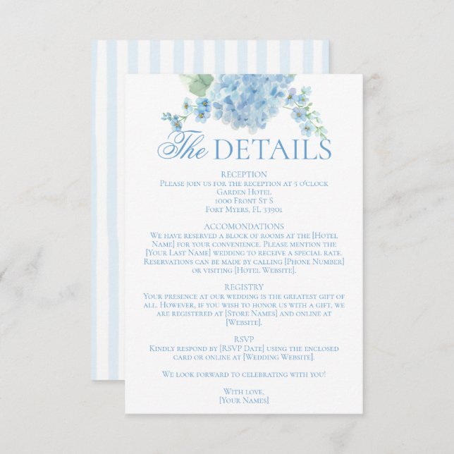 Carte D'accompagnement Détails de mariage Hortensia Bleu Jardin Anglais (Devant / Derrière)