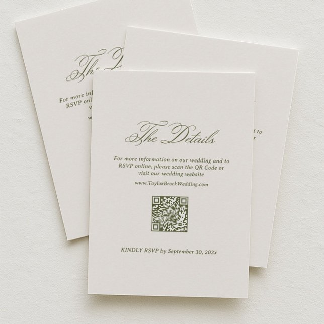 Carte D'accompagnement Détails de mariage Ivoire et Vert Code QR RSVP (Créateur téléchargé)