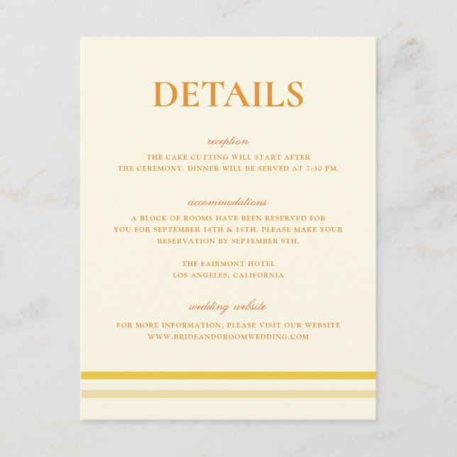 Carte D'accompagnement Détails de mariage jaune beurre de script simple m (Devant)