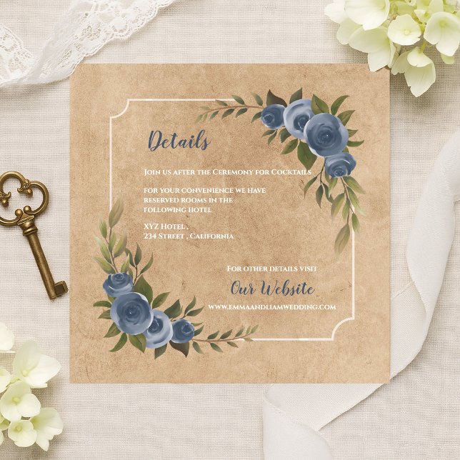Carte D'accompagnement Détails de mariage kraft rustique rose bleu poussi (Dusty Blue Rose Rustic Kraft Wedding Details Enclosure Card)
