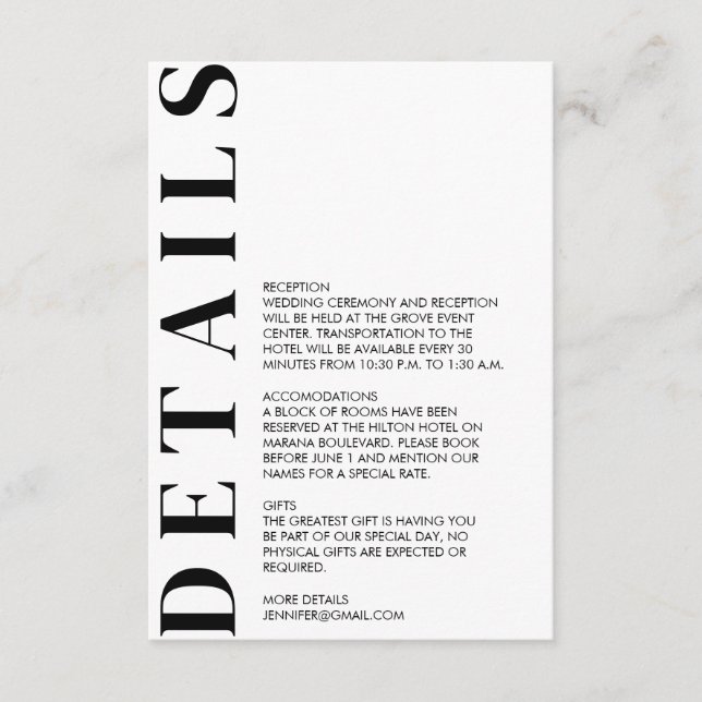 Carte D'accompagnement Détails de mariage minimal (Devant)