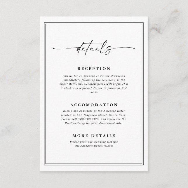 Carte D'accompagnement Détails de mariage minimalistes (Devant)