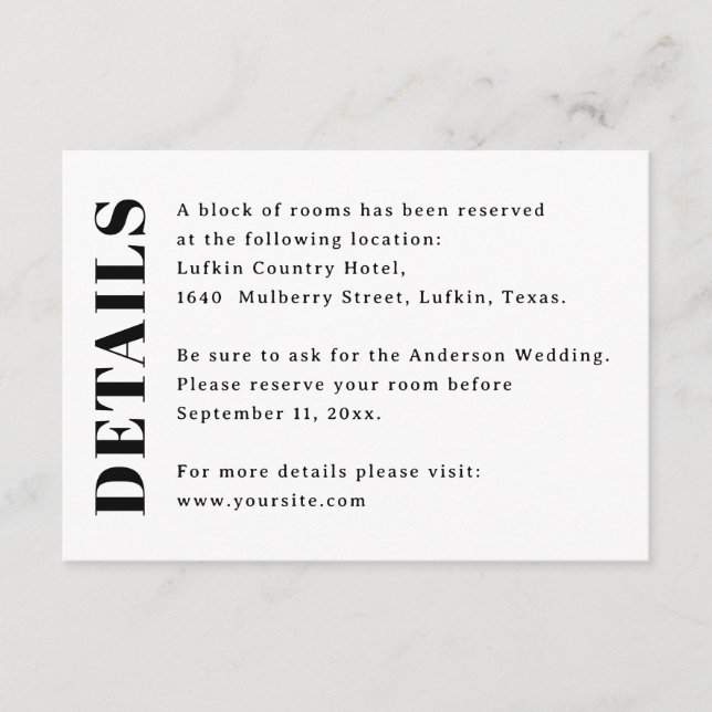 Carte D'accompagnement Détails de mariage minimalistes | Hôtel et héberge (Devant)