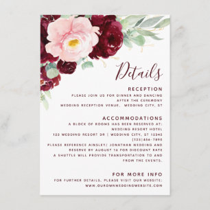 Carte D'accompagnement Détails de mariage moderne floral Burgundy Blush