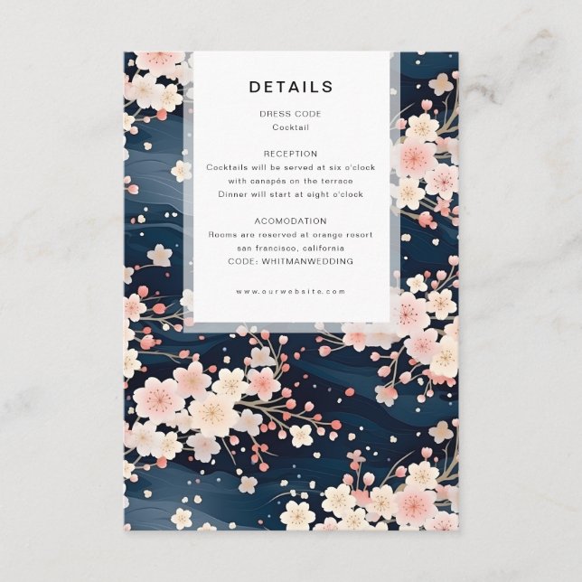 Carte D'accompagnement Détails de mariage moderne Navy Waves Sakura Bloss (Devant)