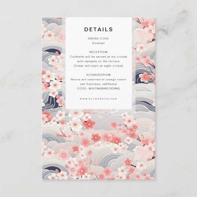 Carte D'accompagnement Détails de mariage moderne Navy Waves Sakura Bloss (Devant)