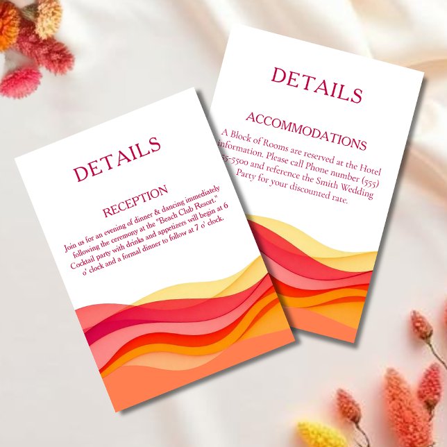 Carte D'accompagnement Détails de mariage modernes avec vagues de couleur (Sunset Color Waves Modern Wedding Details Reception and Accommodations )