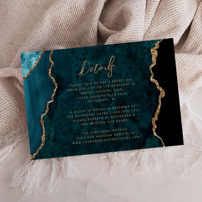 Carte D'accompagnement Détails de mariage modernes bleu sarcelle or agate (Créateur téléchargé)