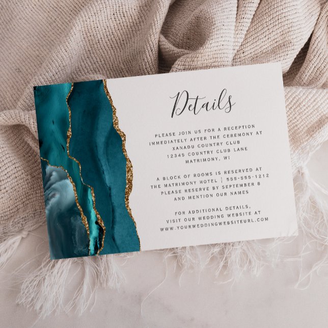 Carte D'accompagnement Détails de mariage Modernes Teal Or Agate (Créateur téléchargé)