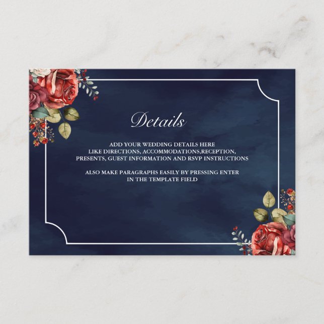 Carte D'accompagnement Détails de mariage Navy Blue Floral Roses Rouges (Devant)