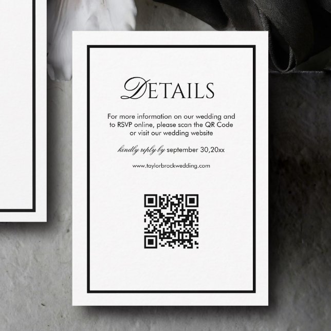 Carte D'accompagnement Détails de mariage noir et blanc Old Money Code QR (Créateur téléchargé)