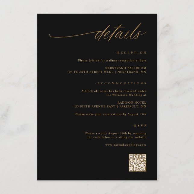 Carte D'accompagnement Détails de mariage noir et or de script délicat (Devant)
