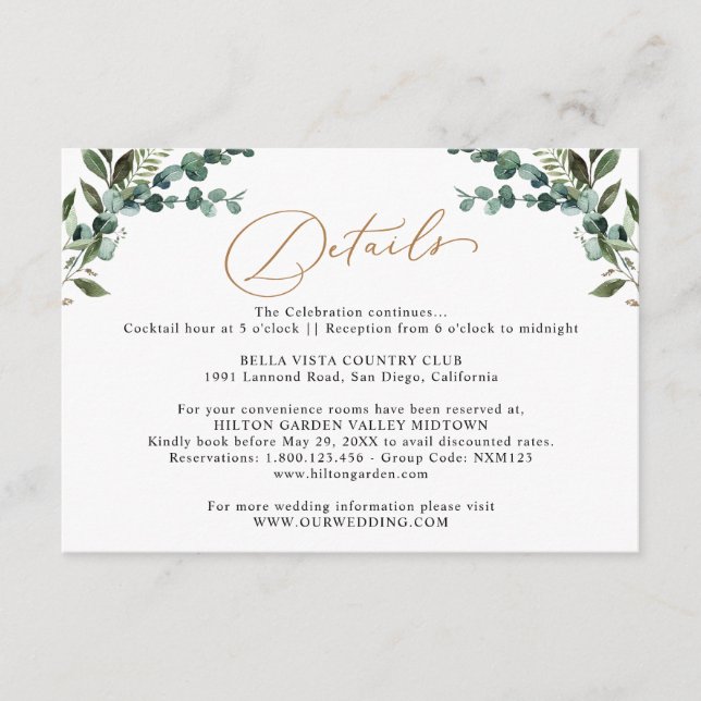 Carte D'accompagnement Détails de mariage or Rustique Eucalyptus Verdure  (Devant)