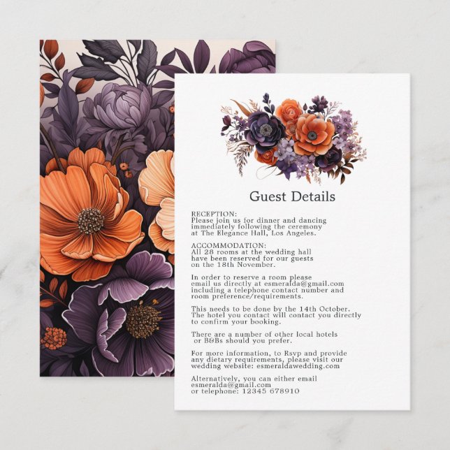 Carte D'accompagnement Détails de mariage orange brûlé, violet foncé et n (Devant / Derrière)
