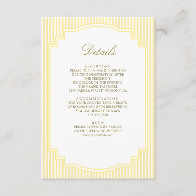 Carte D'accompagnement Détails de mariage rayés jaune classique (Devant)