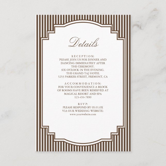 Carte D'accompagnement Détails de mariage rayés marron chocolat (Devant)
