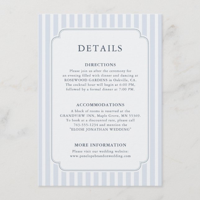 Carte D'accompagnement Détails de mariage rayures Classique Moderne Bleu  (Devant)