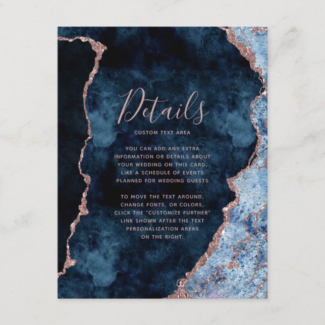 Carte D'accompagnement Détails de mariage Rose Gold et Bleu Marine sur Ag (Devant)