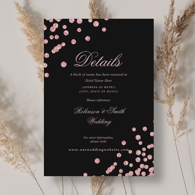 Carte D'accompagnement Détails de mariage Rose Gold Romantique Confettis  (Romantic Rose Gold Confetti Wedding Details Black Enclosure Card)