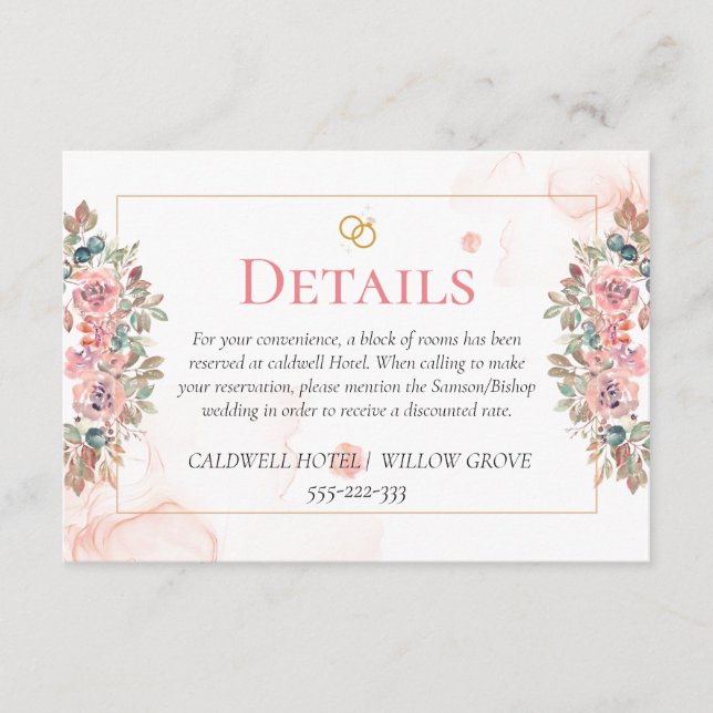 Carte D'accompagnement Détails de mariage rose moderne (Devant)